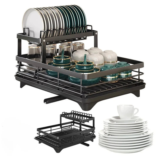 Dish Drying Rack Kitchen Adjustable  Steel 2 Tier Plates Organizer Dish Bowl Drainer Storage Rack Kitchen Utensils