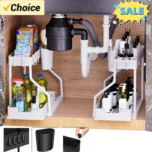 2 Tier Under Sink Organizer, Pull Out Cabinet Storage Shelf with Hooks & Hanging Cup, Space Saving Rack for Kitchen Bathroom